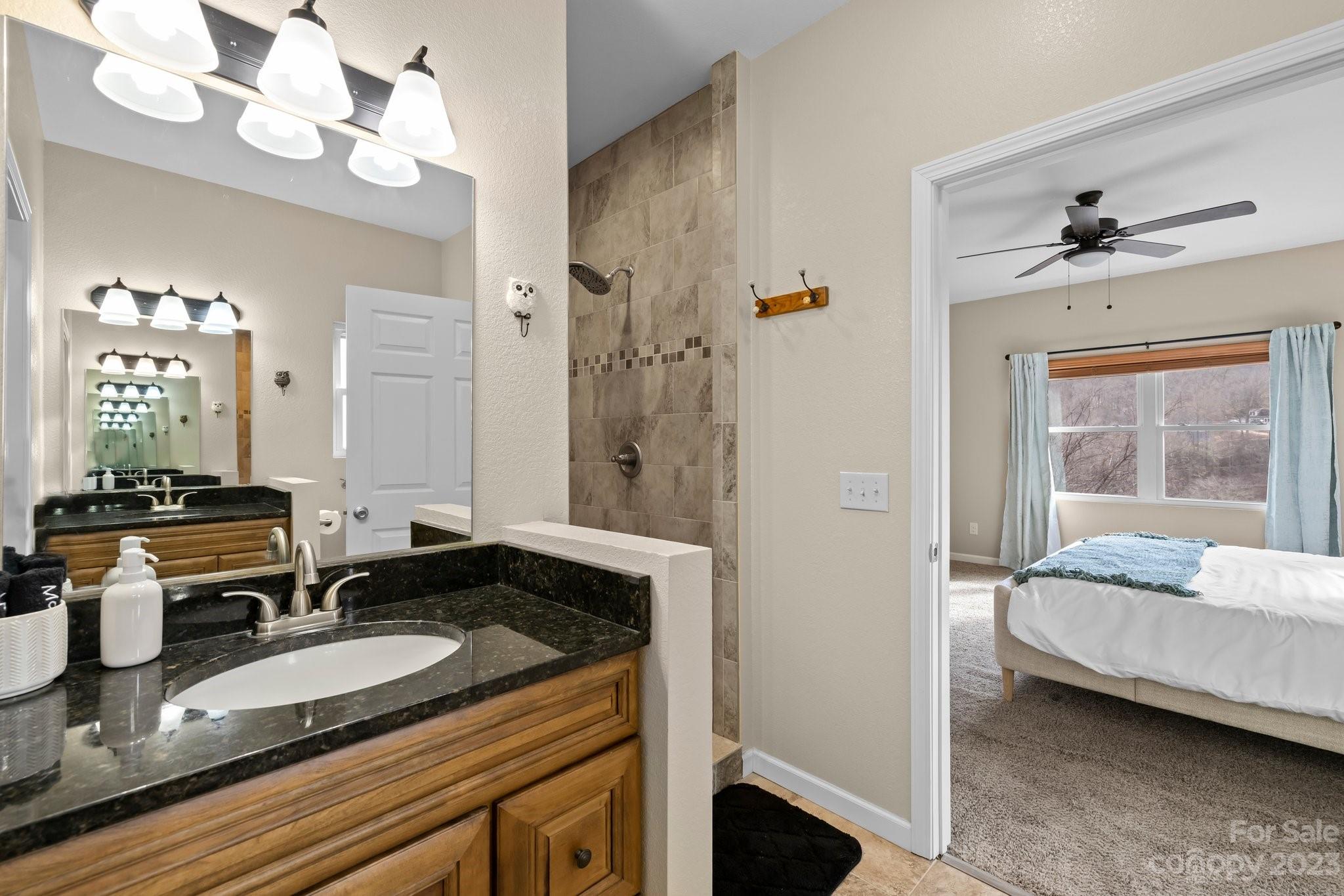 174 Diamond Point Canton, NC 28716 - Photo 28 of 43 a en suite bathroom with a granite countertop double vanity sink a mirror and a shower