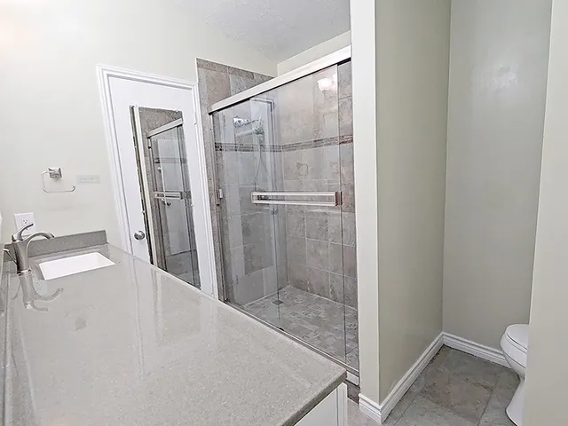 a bathroom with a shower and toilet