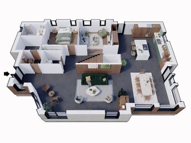 a living room with furniture and white floor