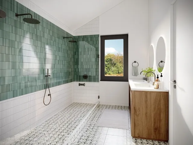 a bathroom with a tub sink and mirror