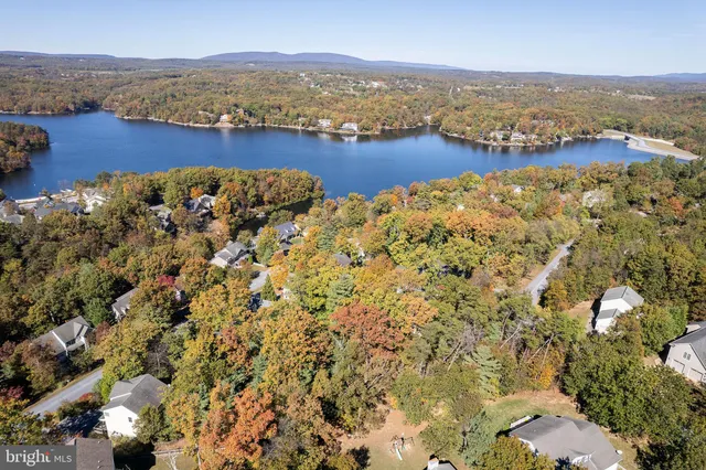 an aerial view of residential houses with outdoor space and trees