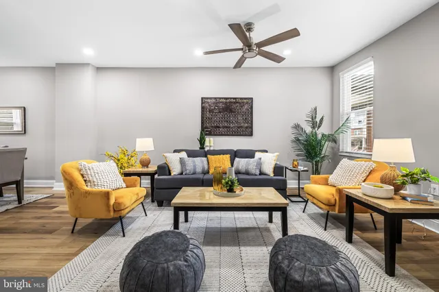 a living room with furniture and a potted plant