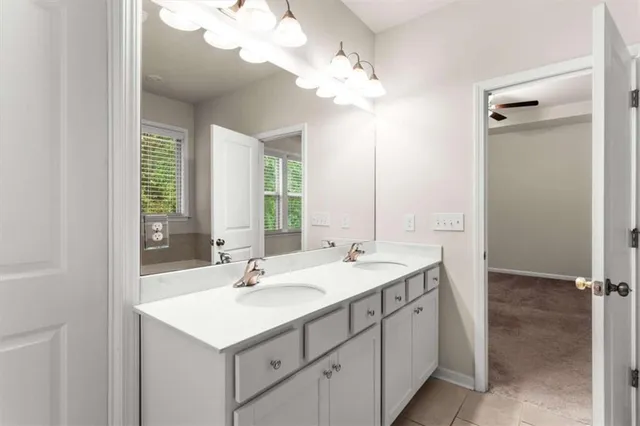 a bathroom with a sink double vanity and a mirror