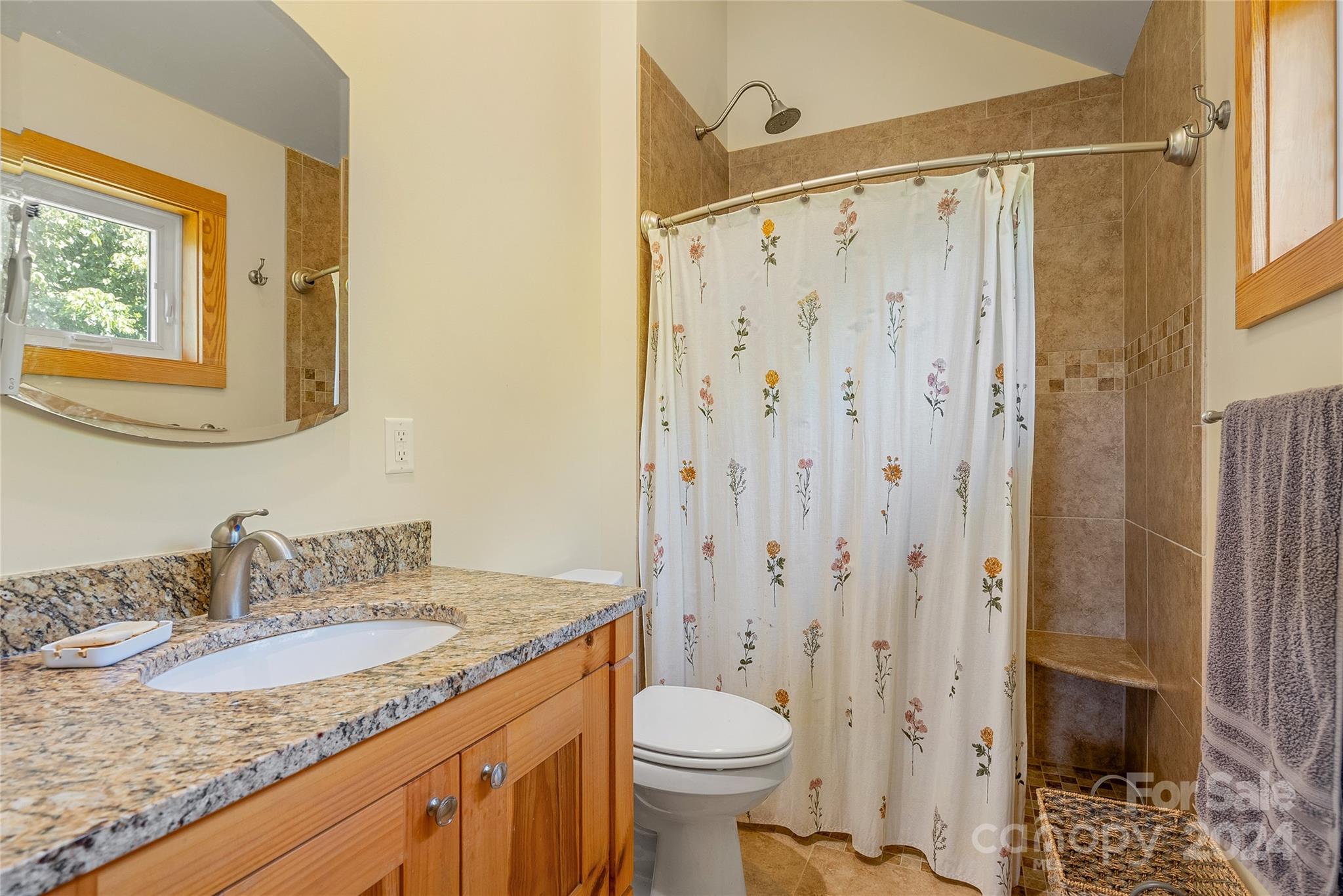 329 Cabin Hollow Drive Marshall, NC 28753 - Photo 23 of 40 a bathroom with a granite countertop sink toilet and shower