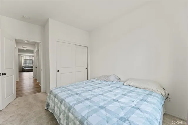 a bedroom with a bed and closet