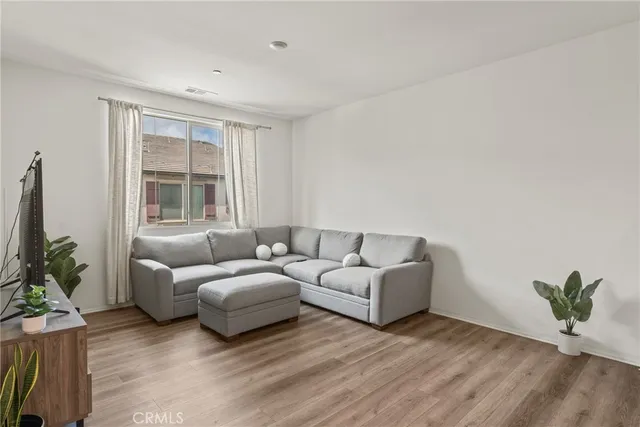 a living room with furniture and a potted plant