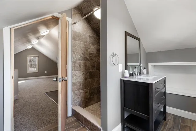 a bathroom with a shower sink and mirror