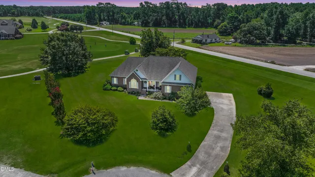 an aerial view of a house with outdoor space and a garden