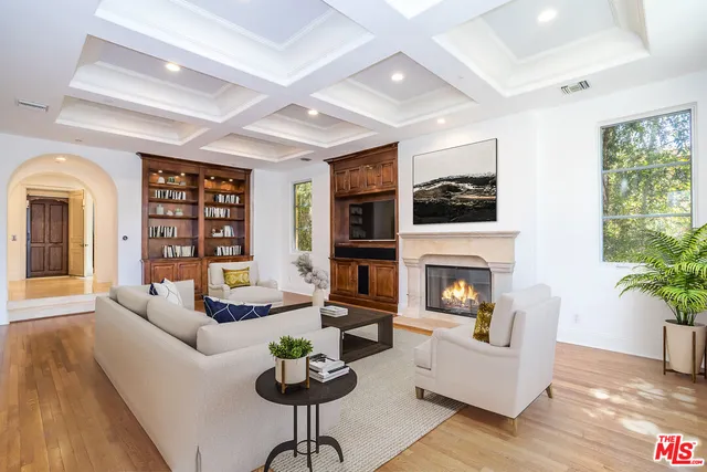 a living room with furniture fireplace and potted plants