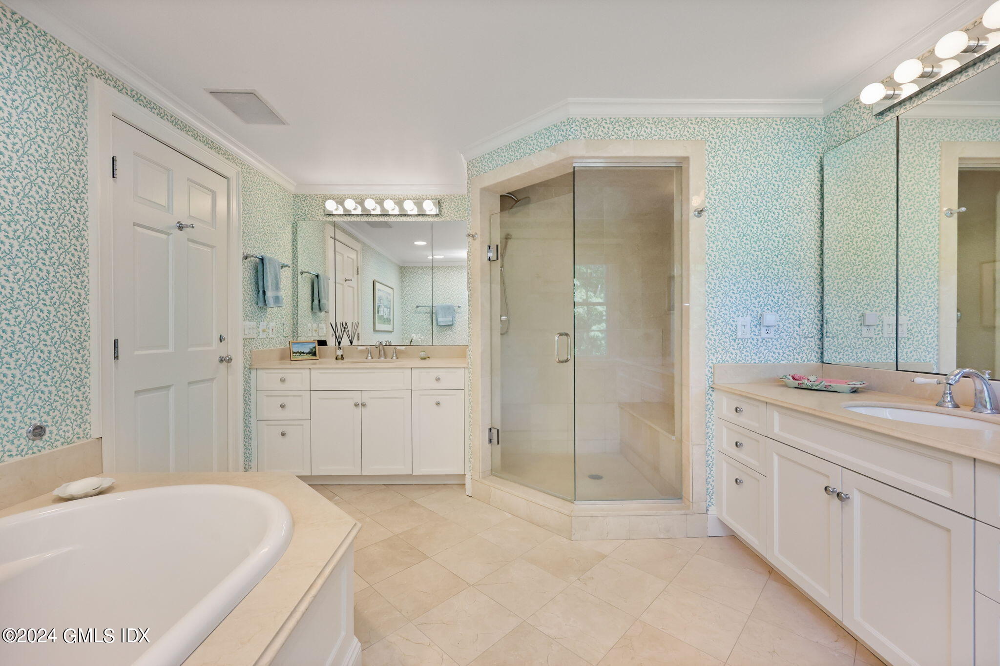 21 Dempsey Lane Greenwich, CT 06830 - Photo 13 of 32 a bathroom with a granite countertop sink double vanity and a shower