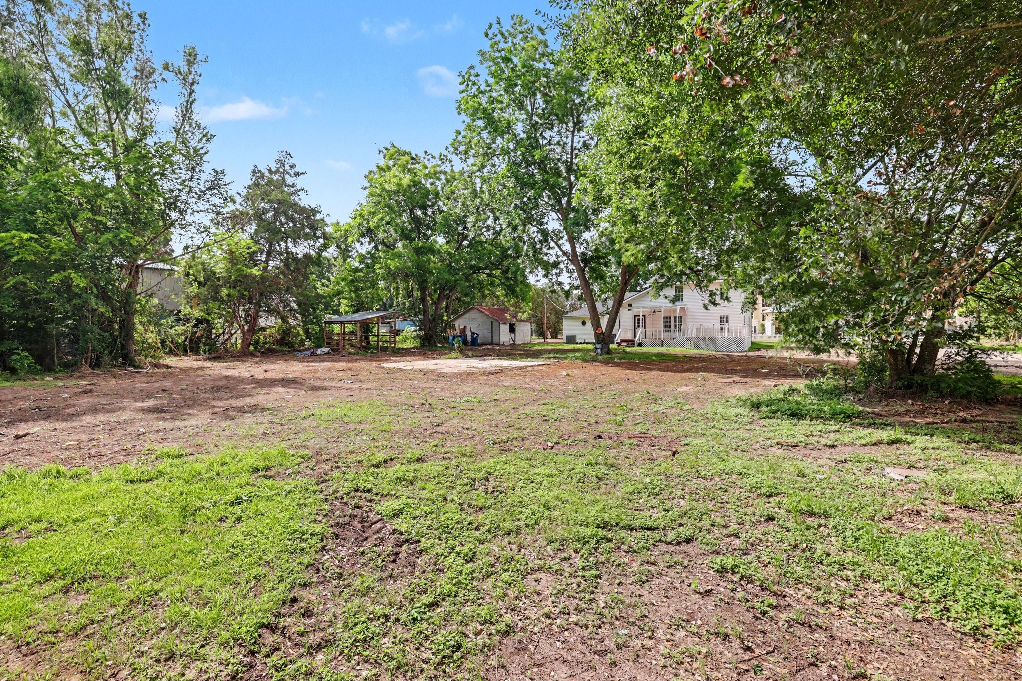 31730 Waller Tomball Road Waller, TX 77484 - Photo 48 of 50 Spacious backyard with mature trees providing shade. There's a view of a white house in the background, offering potential for landscaping or outdoor activities.