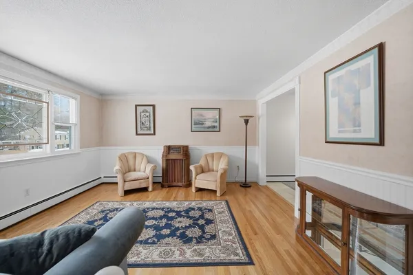 a living room with furniture rug and window