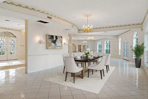 a view of a dining room with furniture