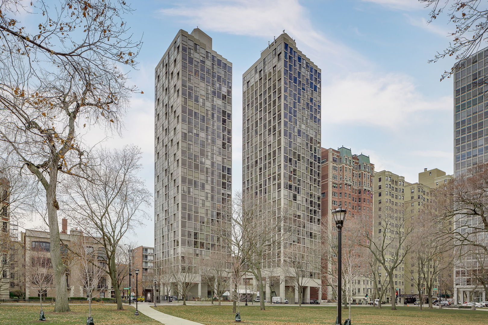 a view of a city with tall buildings
