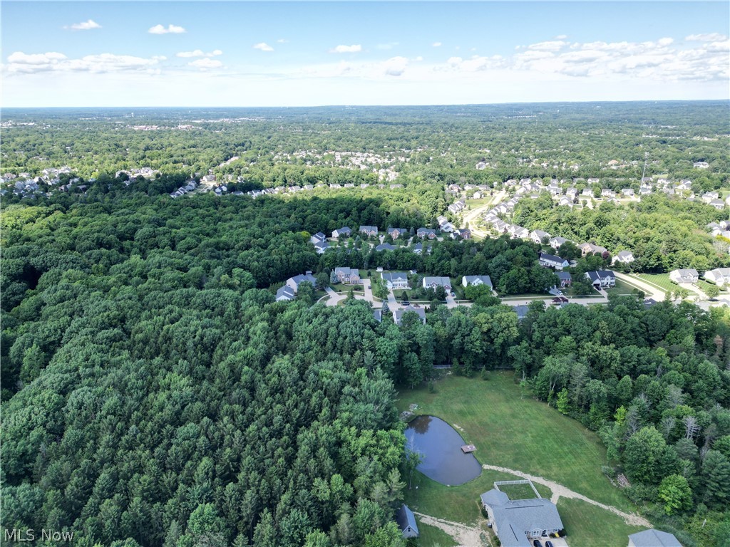 4553 Sharon Copley Road Medina, OH 44256 - Photo 31 of 32 Expansive aerial showcasing a private pond with a dock, surrounded by mature trees