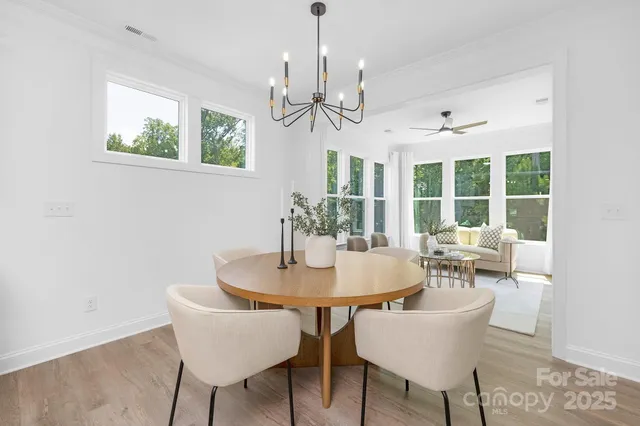 a view of a dining room with furniture window and outside view