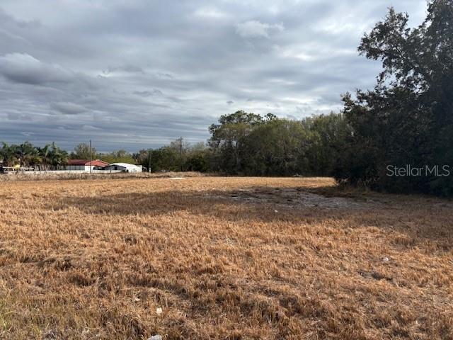a view of dirt field with trees