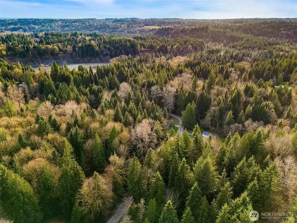 an aerial view of residential houses with outdoor space and trees