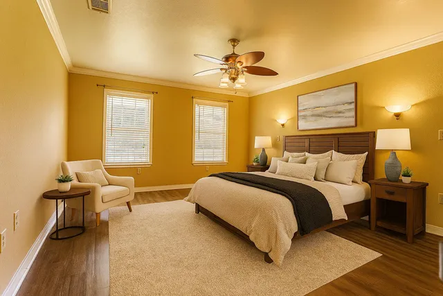 a bedroom with a bed and wooden floor