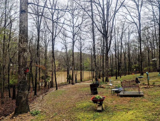 a swimming pool with outdoor seating and covered with trees