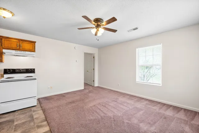 a view of a livingroom with a ceiling fan and window