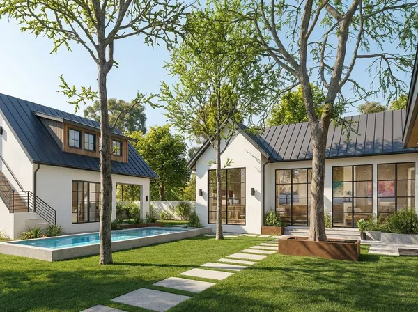 a front view of a house with a yard and green space