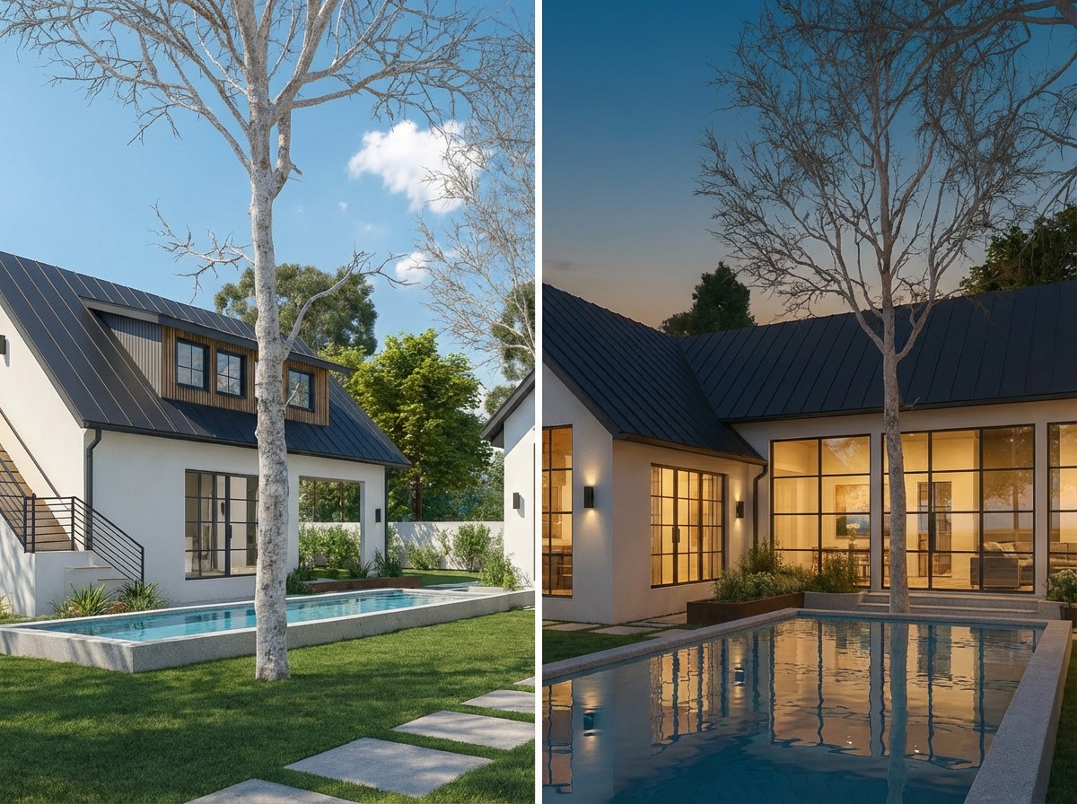 2006 Mountain View Road Austin, TX 78703 - Photo 5 of 6 Back of property at dusk featuring a patio area, a standing seam roof, stucco siding, and a lawn