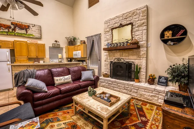 a living room with furniture and a fireplace
