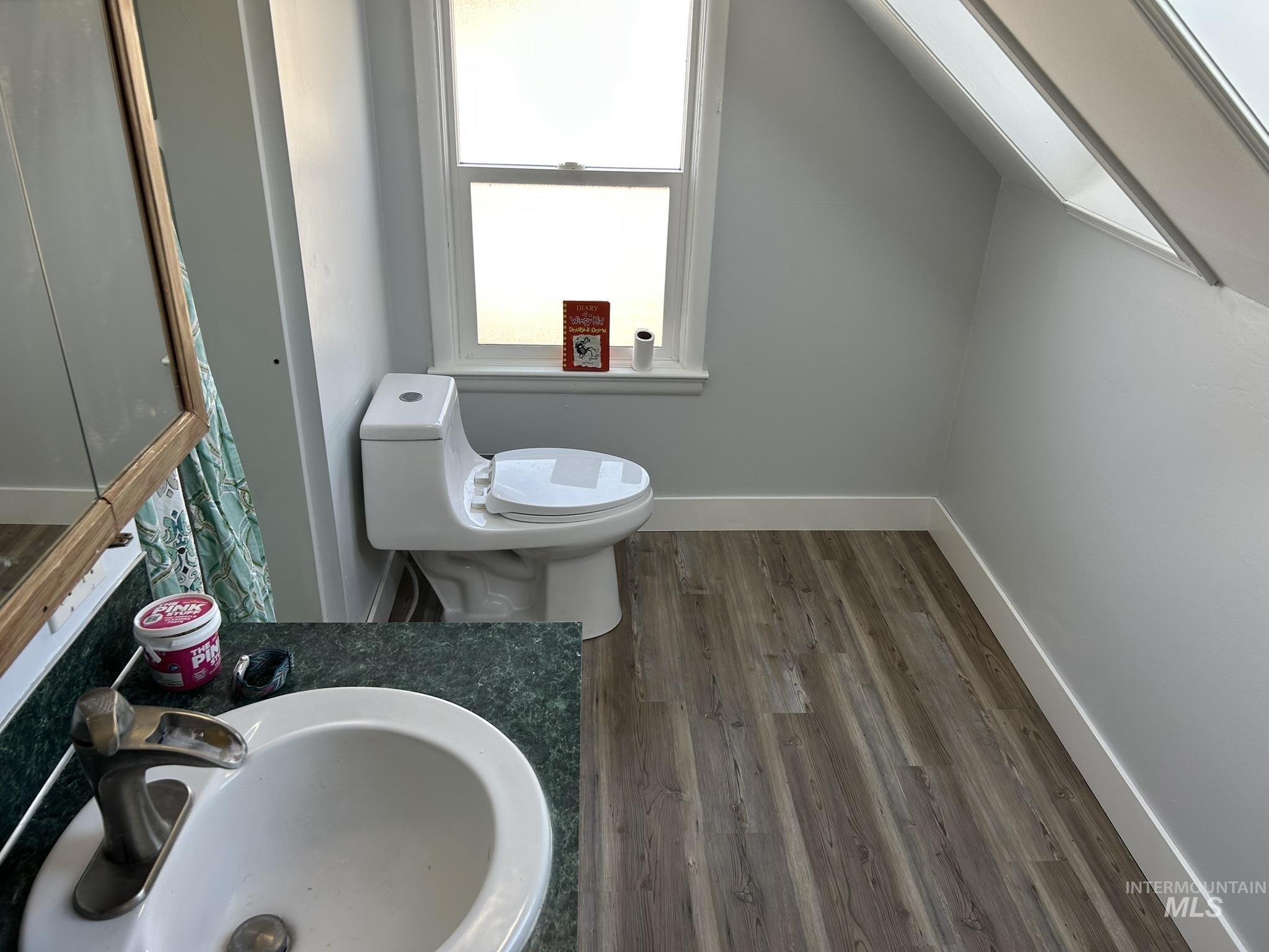 3837 16th Street Lewiston, ID 83501 - Photo 12 of 42 Half bathroom featuring dark wood finished floors, vanity, and a skylight