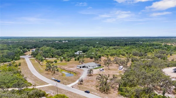 an aerial view of residential houses with outdoor space and trees