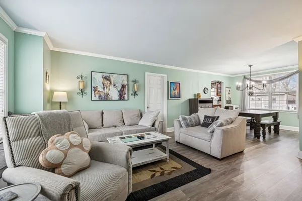 a living room with furniture a rug and a window