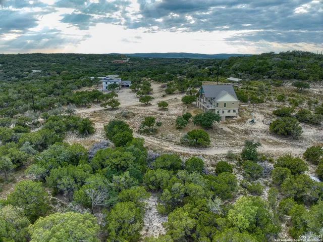 an aerial view of residential houses with outdoor space and trees