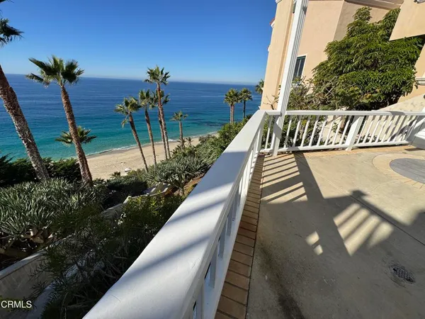 a view of a balcony with lake view and a potted plant