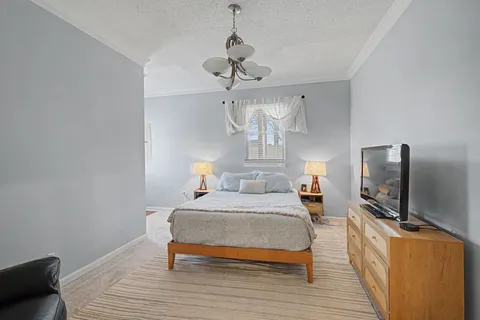 a bedroom with a bed and a flat tv screen on dresser