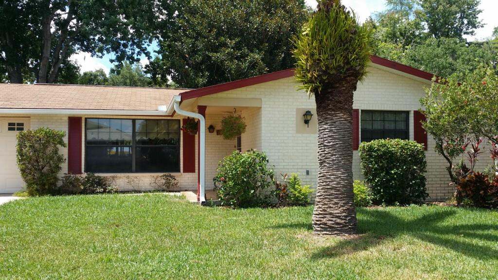 a view of a house with a yard and large tree