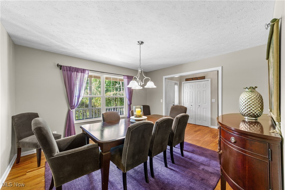 30825 Cannon Road Solon, OH 44139 - Photo 10 of 49 Dining space with a textured ceiling, light wood finished floors, and a chandelier