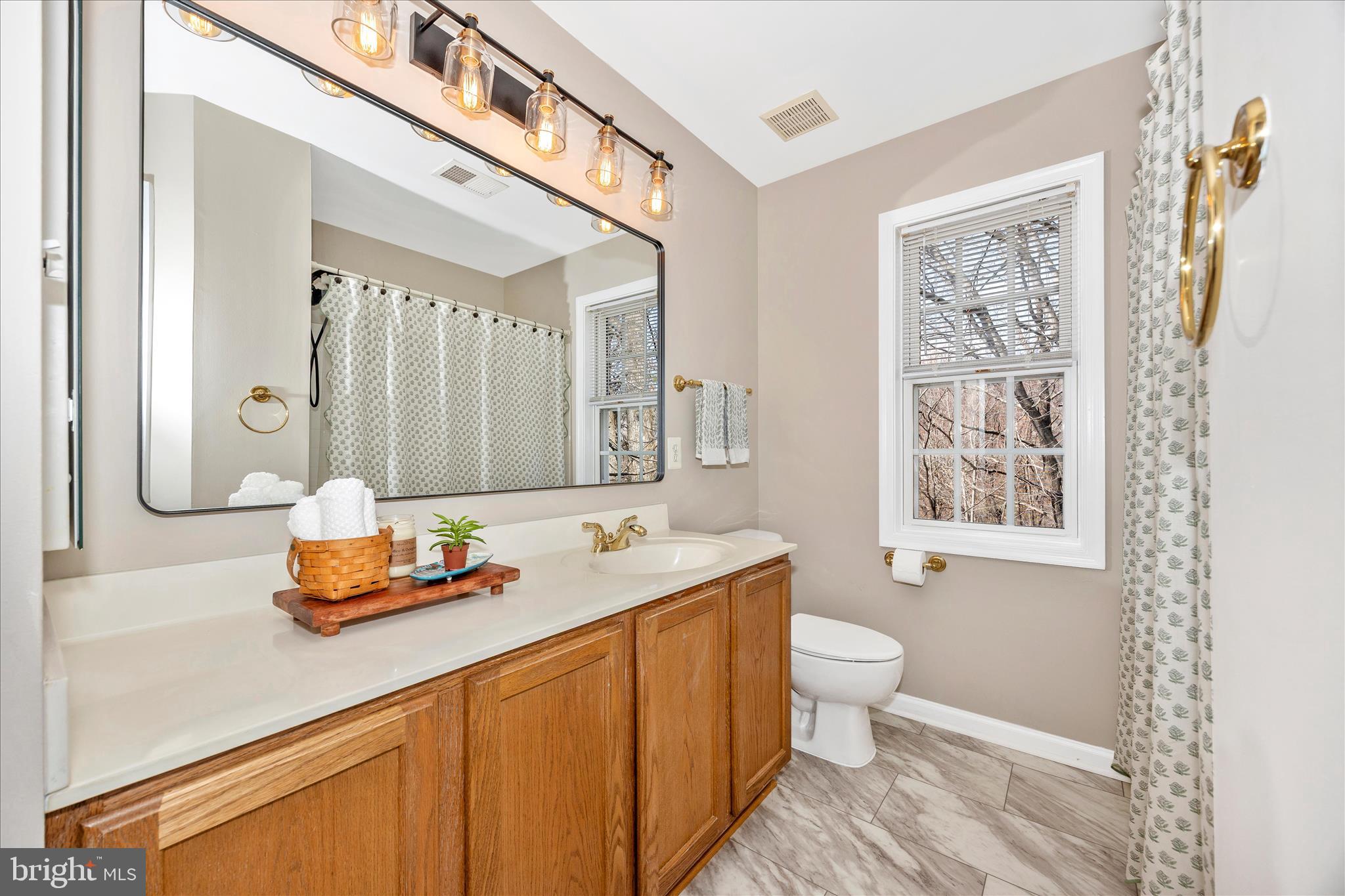 6243 Woodville Road Mount Airy, MD 21771 - Photo 31 of 50 a bathroom with a granite countertop sink a toilet a mirror and shower