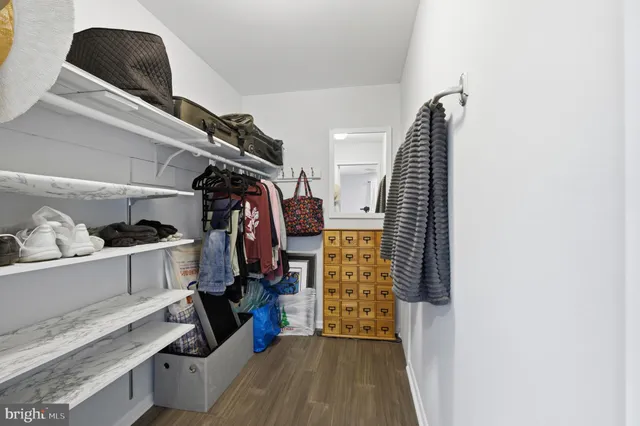 a view of walk in closet with clothes and shoes