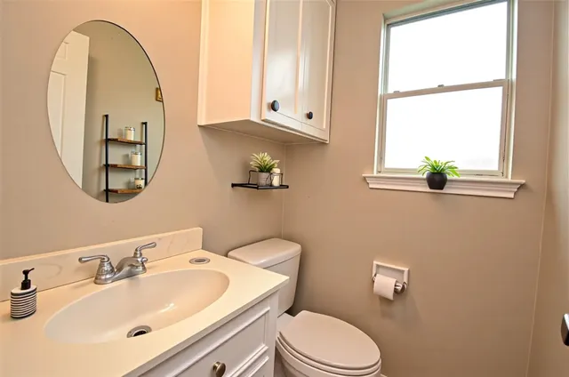 a bathroom with a sink mirror and toilet