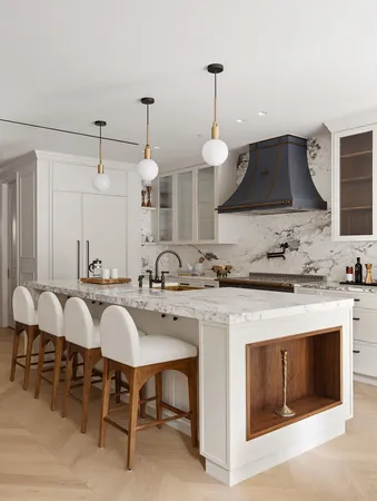 a kitchen with stainless steel appliances kitchen island granite countertop a table chairs sink and white cabinets