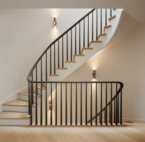 a view of staircase with railing and white walls