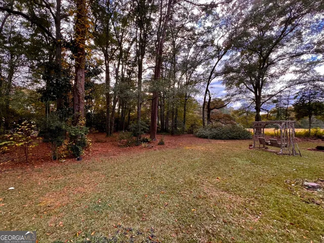 a view of a yard with plants and trees