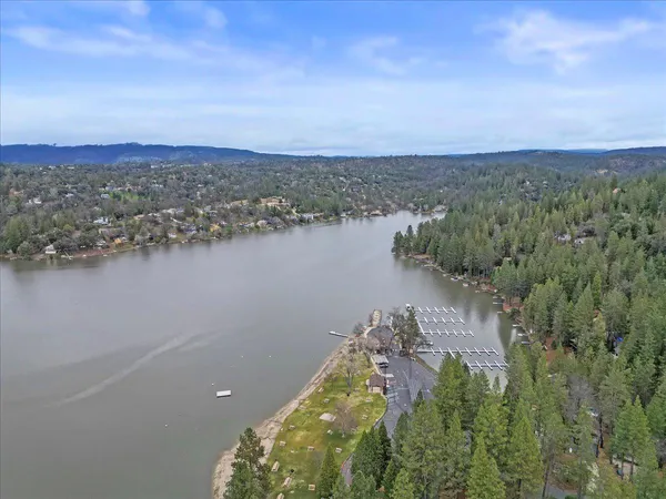 a view of a water with a building in the background