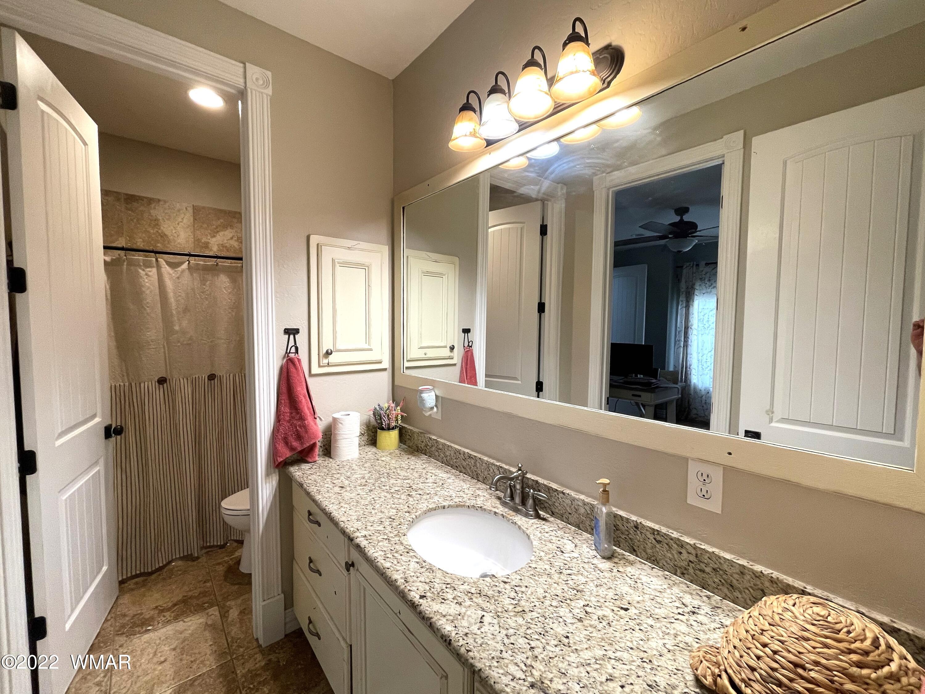 1713 Snowline Road Eagar, AZ 85925 - Photo 10 of 53 a bathroom with a granite countertop double vanity sink and a mirror