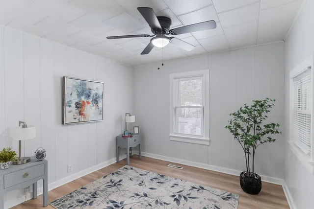 a room with a potted plant and a chandelier fan