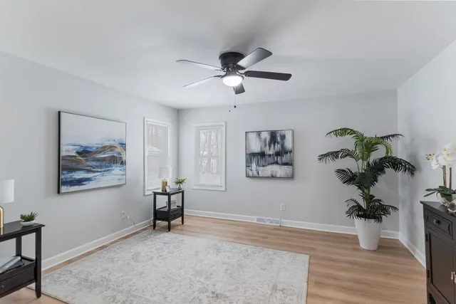 a view of a livingroom with painting on the wall and a potted plant