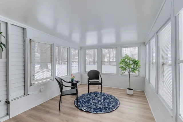 a living room with furniture and potted plant