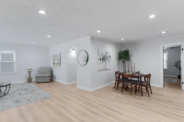 a view of a dining room with furniture