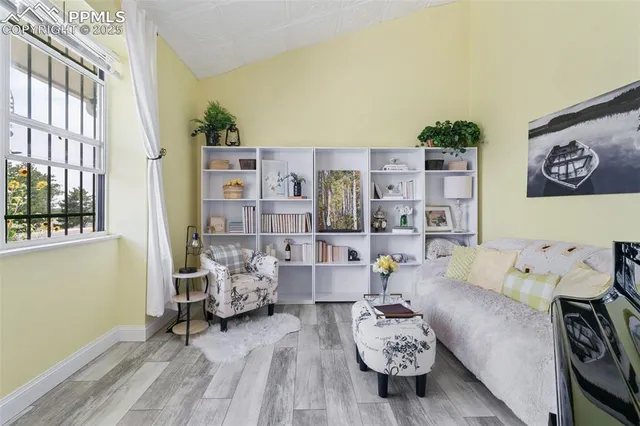 a bedroom with furniture and a book shelf