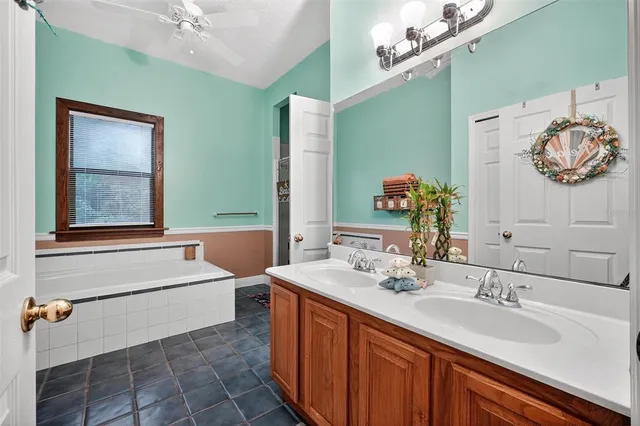 a bathroom with a double vanity sink a mirror and a bathtub